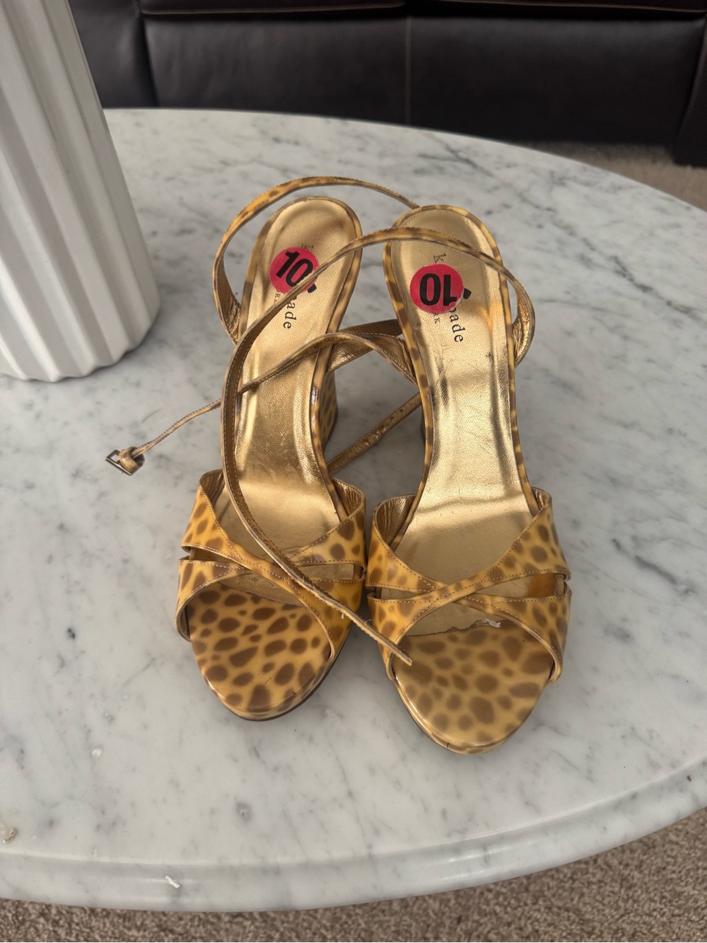 Gold Leopard Print Strappy High Heel Sandals – Size 10